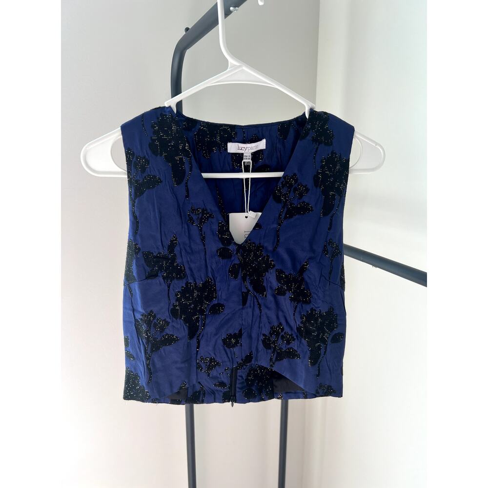 Small Lucy Paris Black and Blue Jacquard Crop Vest Top NWT